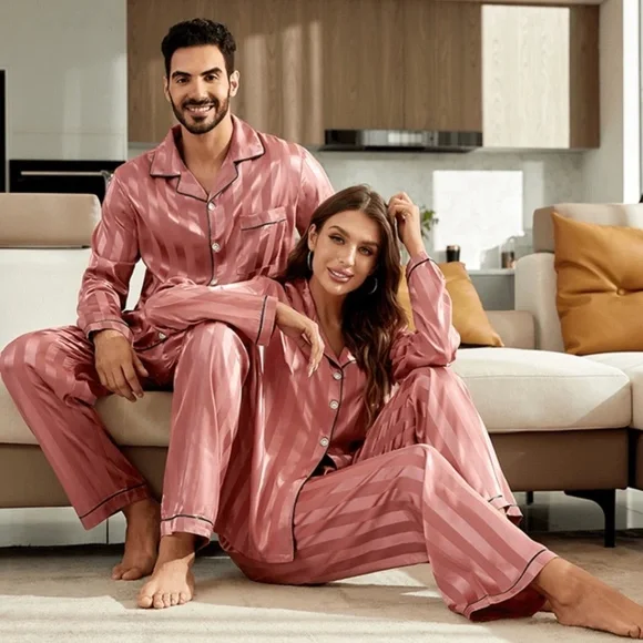 Satin Pink Stripes Women's Pajamas Set - Picture 6 of 12